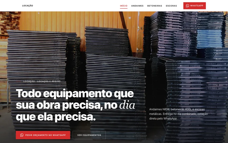Prévia de landing page de equipamentos para obras