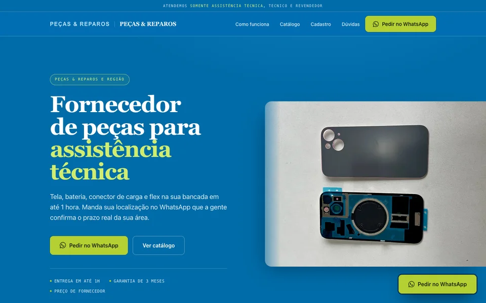 Prévia de landing page de peças e assistência