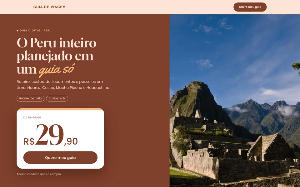 Prévia de landing page de viagens e infoprodutos